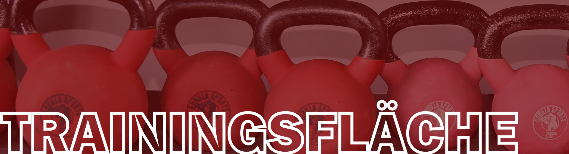 Kettlebells aufgereiht auf einem Regal mit Aufschrift: Trainingsfläche